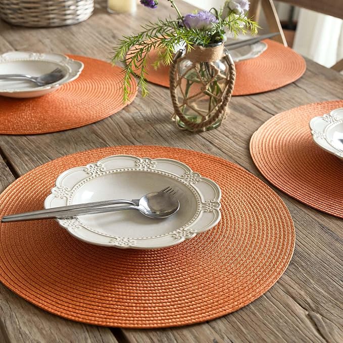 FunWheat Round Braided Placemats Set of 6 Table Mats for Dining Tables Woven Washable Non-Slip Place mats 15 Inch(Pumpkin Orange)