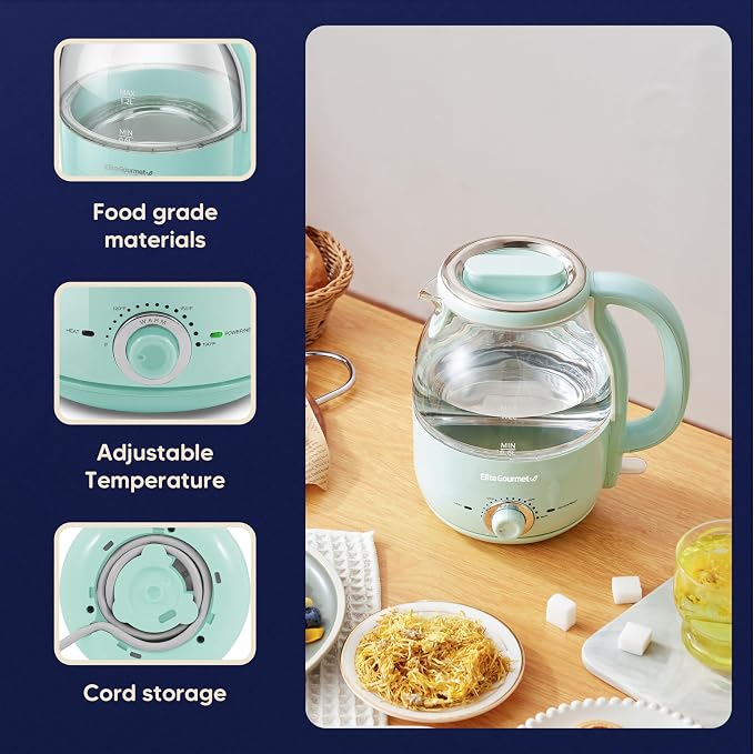 Elite Gourmet 1.2L Glass Kettle, 1200W Fast Boil, Temp Control, Mint | BPA-Free Borosilicate Glass, Keep Warm Function, Auto Shut-Off & Boil-Dry Protection, 360° Cordless Base