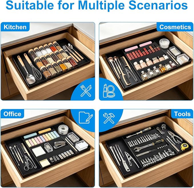Expandable Spice Drawer Organizer with 5 Slanted Tiers & 2 Utensil Slots, Heavy-Duty Multi-Functional Kitchen Drawer Organizer Spice Rack for Cabinet Tray, Black