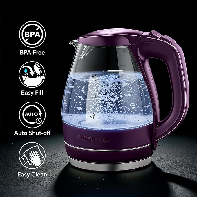 OVENTE 1.5L Glass Electric Kettle Water Boiler, Purple KG83P