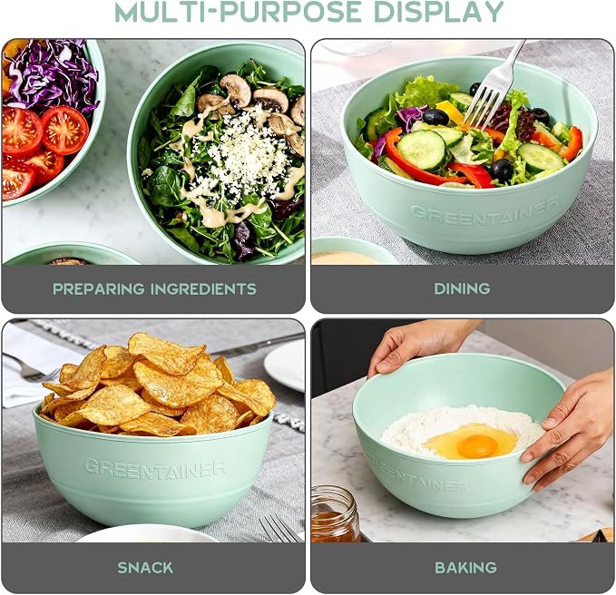 Greentainer 3 Pack Large Plastic Bowls, 135oz Plastic Salad Bowls - Reusable Serving Bowls for Party, Picnic, Entertaining, Kitchen & Outdoor, Microwave & Dishwasher Safe (Green)