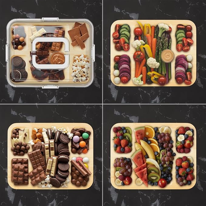 SpaceAid Charcuterie Board with Clear Lid, Portable Travel Cheese Cutting Boards for Picnic Accessories, Bamboo Serving Tray with Lids, House Warming Gifts, White Handles, 5 Compartments