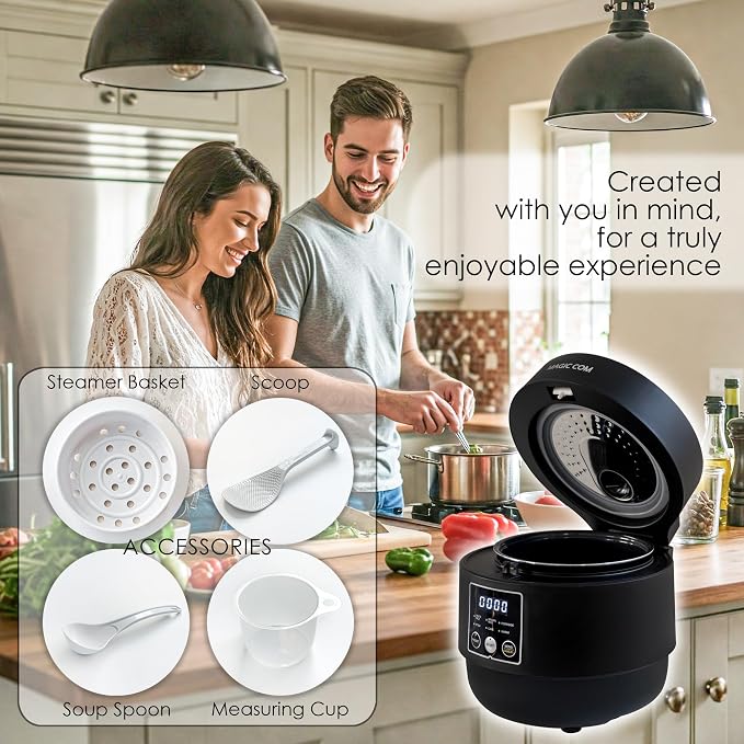 MAGiC COM Rice Cooker 4 Cup Uncooked/ 8 Cup Cooked, Digital Display with Warmer, Small Rice Maker & Multiple Settings, 24H Delay Timer, Automatic Keep Warm, Nonstick Inner Pot, Arrocera Eléctrica