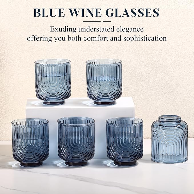 Blue Vintage Drinking Glasses Set of 6-15oz Hand-Blown Highball Ribbed Glassware, Arch Design Cocktail Glasses for Whiskey Water Beverages Ice Coffee Juice Milk