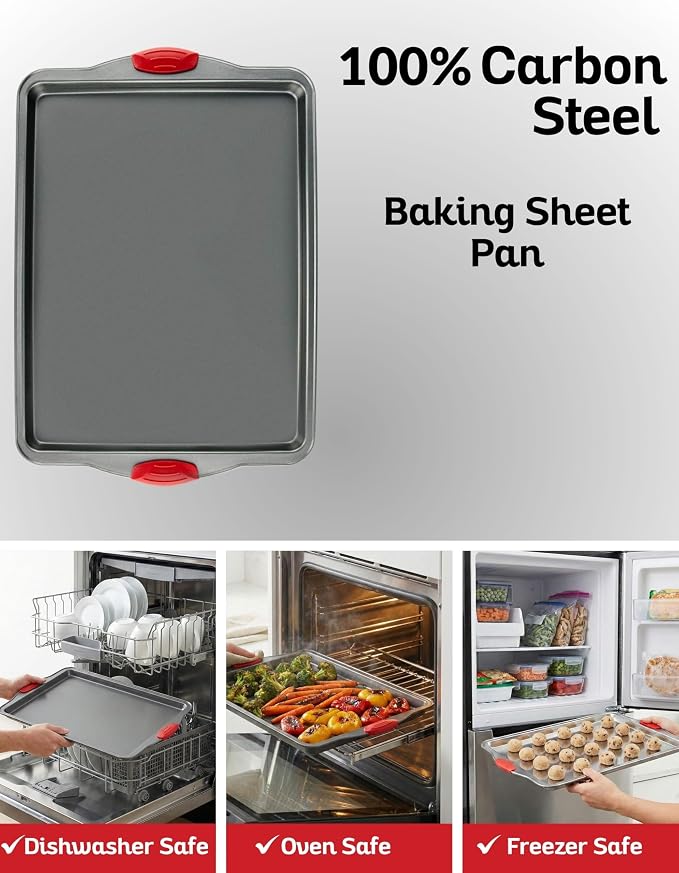 Premium Nonstick Baking Sheet Pans – Set of 3, Heavy-Gauge Carbon Steel, Warp, Dent, and Rust-Resistant – Gourmet Rimmed Half Cookie Sheet Trays, Non-Toxic for Exceptional Baking Performance