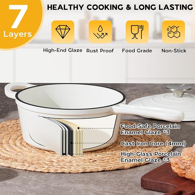 Onader Enameled Cast Iron Saucepan, 3 QT Sauce Pan with Lid, Cast Iron Small Sauce Pot for Cooking, Enamel Dutch Oven Nonstick, Induction Compatible, Heavy Duty – White