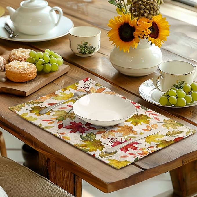 Fall Maple Leaves Placemats Set of 4 12x18 Inch Thanksgiving Autumn Colorful Leaf Dining Table Mats Rustic Seasonal Farmhouse Place Mats for Kitchen Party Home Decoration