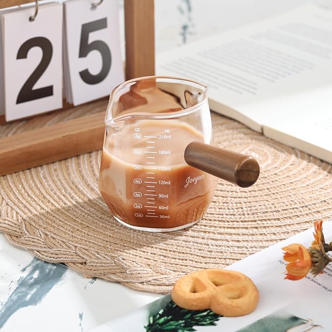 Joeyan 7 oz Glass Measuring Cup with Double Spouts,Espresso Shot Glasses with Wood Handle,Diamond Shaped Espresso Cups,Clear Milk Frothing Pitcher for Coffee,Borosilicate Espresso Accessories