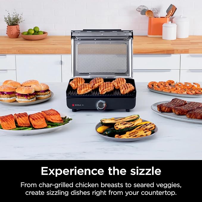 Ninja GR100 Sizzle Smokeless Indoor Grill with Nonstick Grill Plate, Dishwasher-Safe Removable Mesh Lid, 500F Max Heat, Even Edge-to-Edge Cooking, Black (Renewed)
