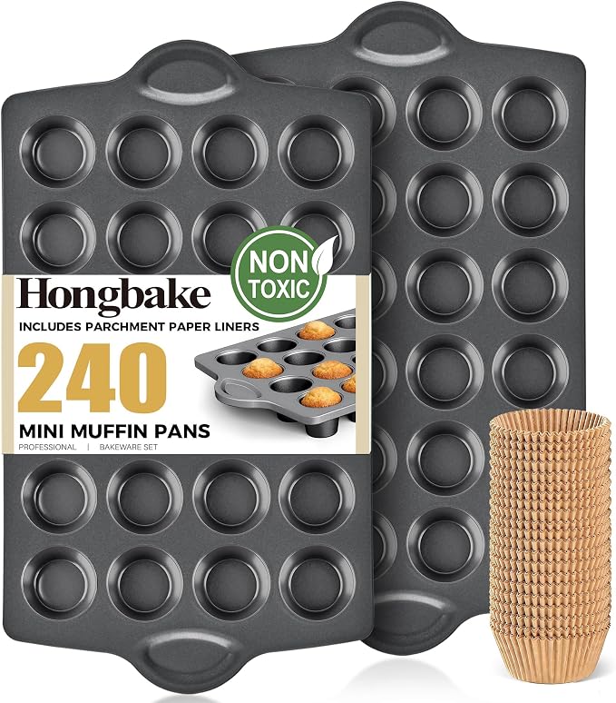 Mini 24 Muffin & Cupcake Pans with 240 Liners, Nonstick, Non-toxic | Heavy-duty Small Cheesecake Tray with Ear Shaped Wider Grips, 1.8dia, Grey, Premium
