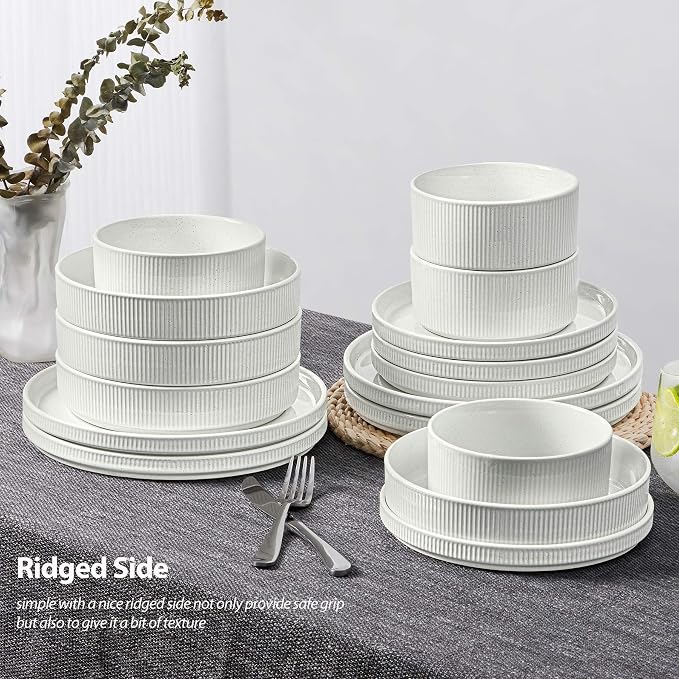 LIANYU 16 PCS Ribbed Dinnerware Sets with Pasta Bowls for 4, Speckled White | Stoneware Plates and Bowls Set, Dishware for Home Kitchen, Microwave and Dishwasher Safe