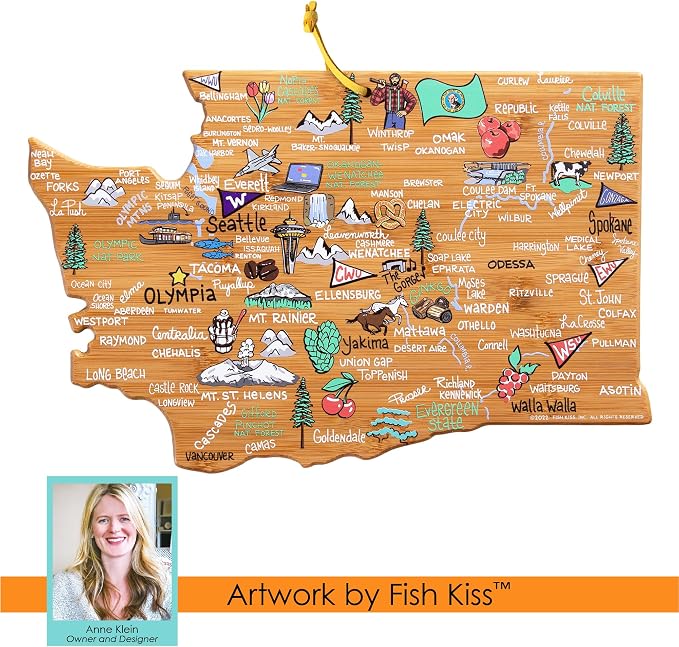 Totally Bamboo Washington State Shaped Cutting Board, Art by Fish Kiss | State charcuterie board with colorful hand-drawn map artwork. Smooth reverse side for food prep. Hang tie for wall display.