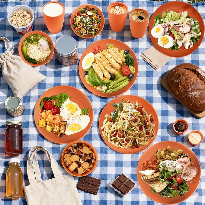 Kids Wheat Straw Dinnerware Sets for 4, 20 Piece Unbreakable Dinnerware Set, Plates and Bowls Sets, Kitchen Plates and Bowls Set, Lightweight Dish Set for Picnic, Camping, and Daily - Orange