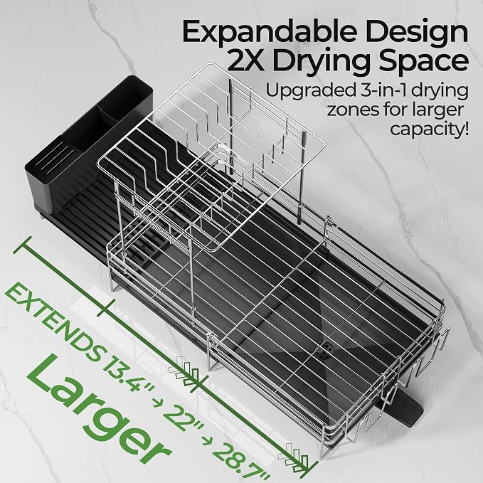 Large 2 Tier Dish Drying Rack, Extendable Dish Rack, Stainless Steel Anti-Rust Dish Rack for Kitchen Counter, Multifunctional Dish Drainer with Utensil & Cup Holder, 13.4"-28.7" L x 11.8" W