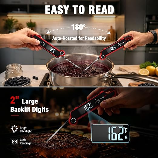 TempPro TP620 0.5 SEC Thermocouple Meat Thermometer Digtial | Instant Read Cooking Thermometer with Auto-Rotating Backlit LCD, IP65 Waterproof, Grill BBQ Kitchen Candy Deep Fry