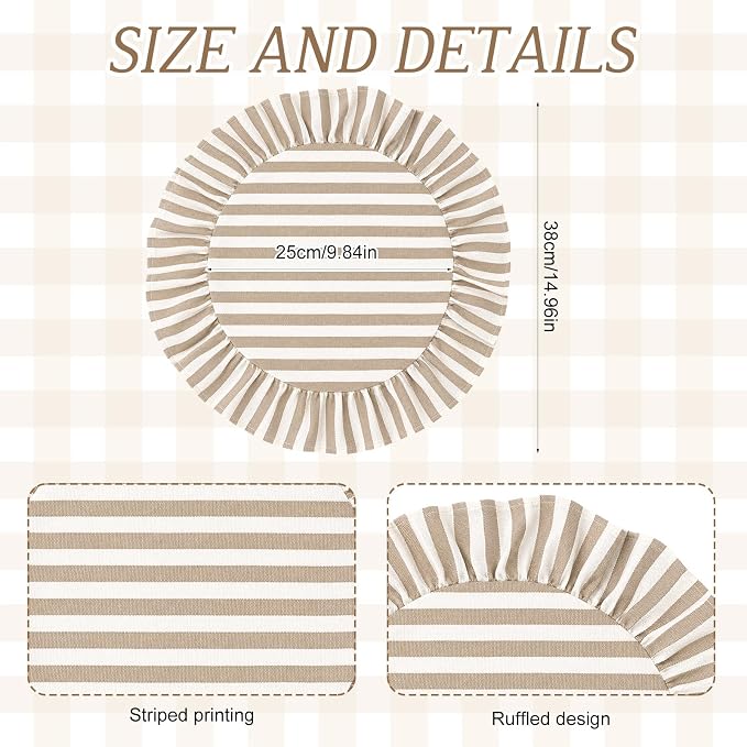 Set of 6 Beige Placemats Round Striped Ruffled Table Placemats 15 Inch Fabric Neutral Boho Modern Farmhouse Rustic Circle Mat for Summer Birthday Picnic Baby Shower Bridal Shower Party Decor