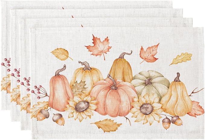 QIYI Table Placemats Set of 4, 12"x18" Linen Place Mats, Pumpkin Harvest | Boho Fabric Place Mats for Kitchen Dinning, Farmhouse Rustic Cloth Table Mats, Washable Placemat Party Table Décor
