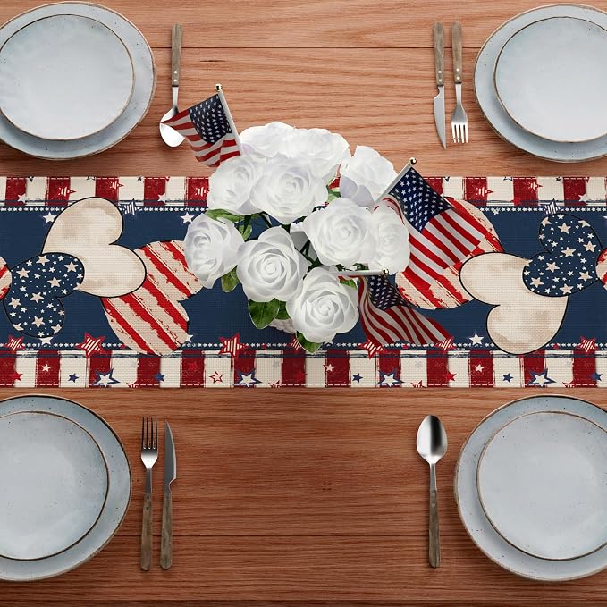 4th of July Table Runner Stripe Stars Heart Memorial Day Independence Day Patriotic America Table Decoration Home Kitchen Dining Indoor Holiday Farmhouse Decor 13x90 Inch