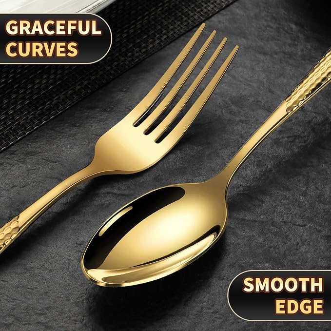 30-Piece Hammered Gold Silverware Set for 6 with Serrated Forging Knives,18/10 Stainless Steel Modern Flatware Set,Unique Cutlery Set,Mirror Polished,Dishwasher Safe