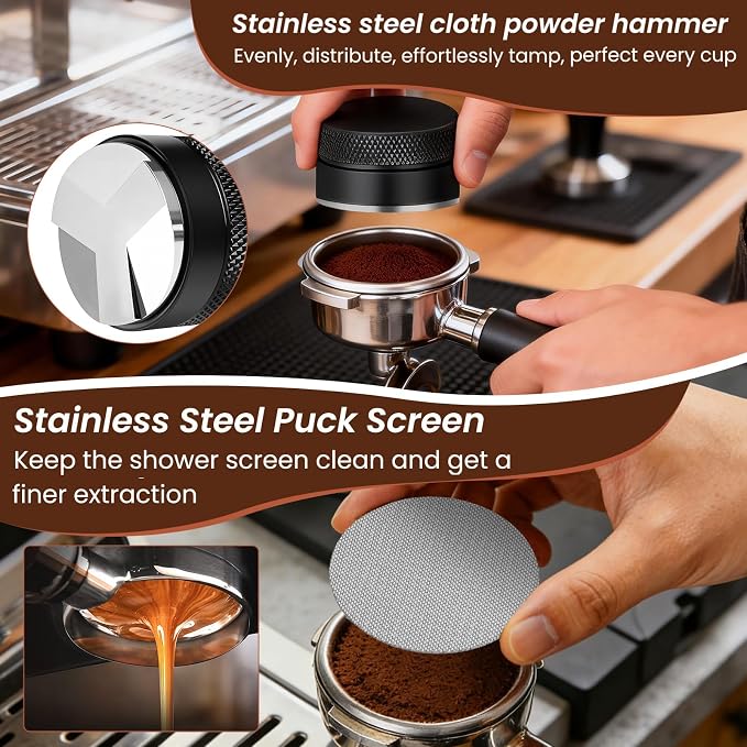9-in-1 Espresso Tool Set: 54mm Tamper, WDT Tool, Distributor, Magnetic Funnel, Puck Screen, Brush, Cleaning Cloth, Latte Art Needle & Wooden Stand for Breville De'Longhi