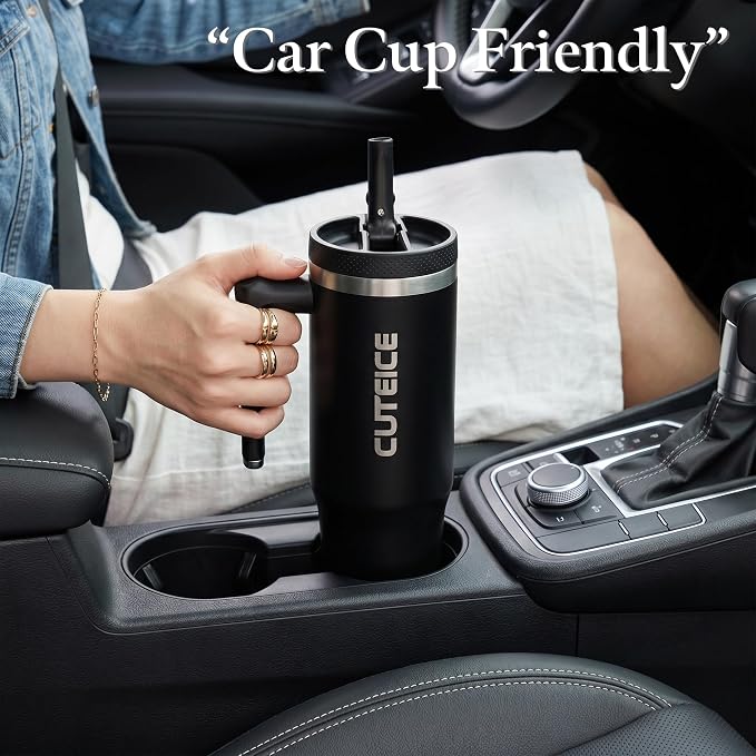 100% Leakproof Iced Travel Coffee Tumbler with Lid and Handle 30 oz Black Flip Straw Water Bottle for adults Dishwasher Safe Insulated Stainless Steel Water Cup for Car Office Black