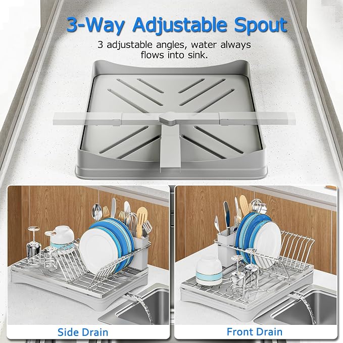 ANTOPY 304 Stainless Steel Dish Drying Rack for Kitchen Counter, Gray | Rustproof Dish Drainer with Removable Cutlery Holder, Self-Draining Drainboard, Compact Kitchen Drying Rack, 16.5''Lx11.8''W