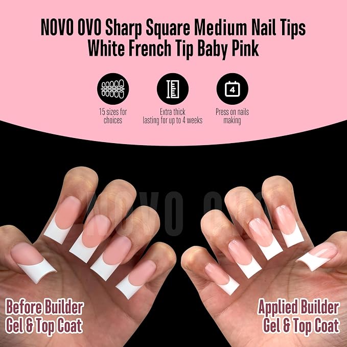NOVO OVO Medium Sharp Square White French Tip Nail Tips Press on BABY PINK, Extra Thick NEED Builder Gel & Top Coat & Glue, Soft Gel Full Cover False Fake Nail Extension in Salon DIY x 15 Sizes 180 pc