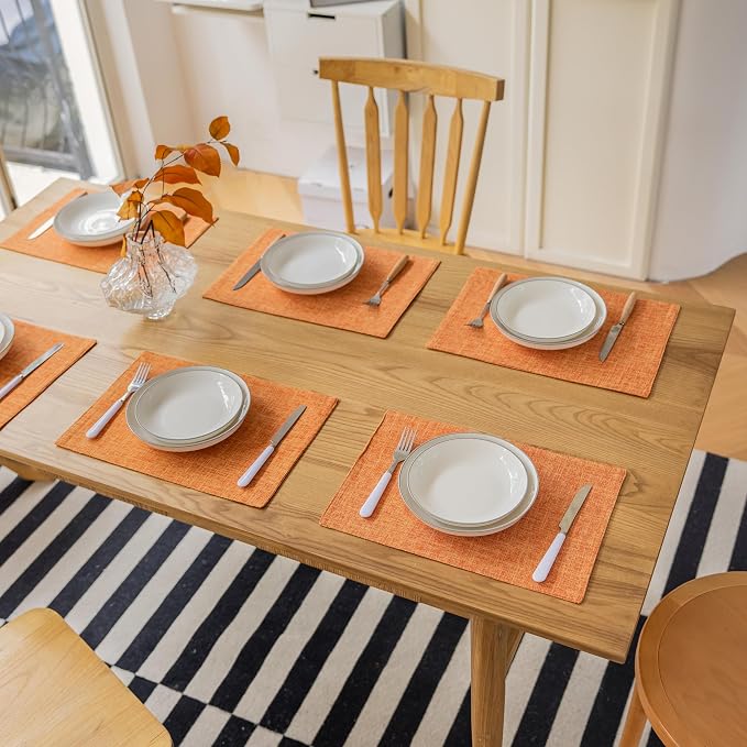 Demetex Fall Placemats Set of 4 Orange Linen Place Mats Decorative Heat Resistant Cloth Table Mats for Party Birthday Gathering Dinner, 13x19 inch, Orange