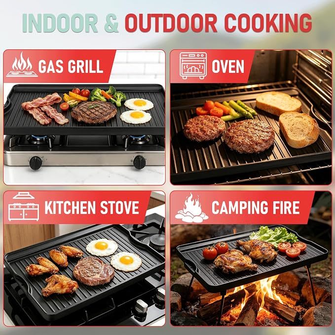 24" X 16" Reversible Cast Iron Griddle for Camp Chef, Stove Top Accessories | Flat top griddle plate for universal 4 burner stove & gas/charcoal/propane outdoor grill, even heating, durable,easy to clean