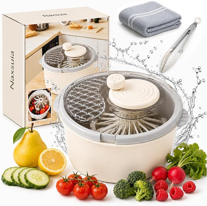 Electric Fruit Washer Spinner Bowl, Automatic Produce Cleaner Spinner | 360° Rotating Inner Basket Separates Water Quickly, Fruit and Vegetable Washer for Berries & Salad Greens Kitchen Preparation