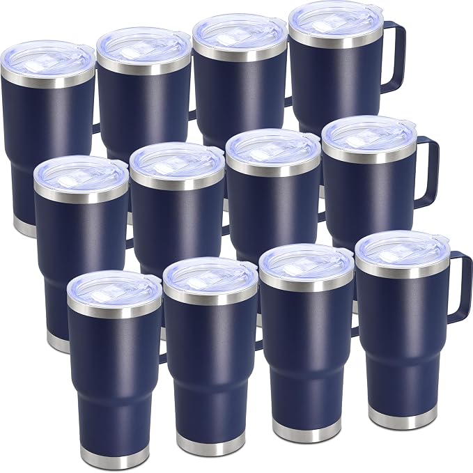 20 oz Tumbler with Handle Coffee Tumblers with Lid Travel Mug Navy 12P | 20oz Tumblers with Handle Double-Wall Insulated Vacuum Coffee Mugs Stainless Steel Tumbler with Handles&Lid Navy 12P
