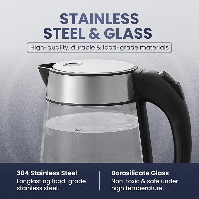 Elite Gourmet EKT-602 BPA-Free Electric Glass Kettle, Cordless 360° Base | Stylish Blue LED Interior, Auto Shut-Off Function, Quickly Boil Water for Tea & More
