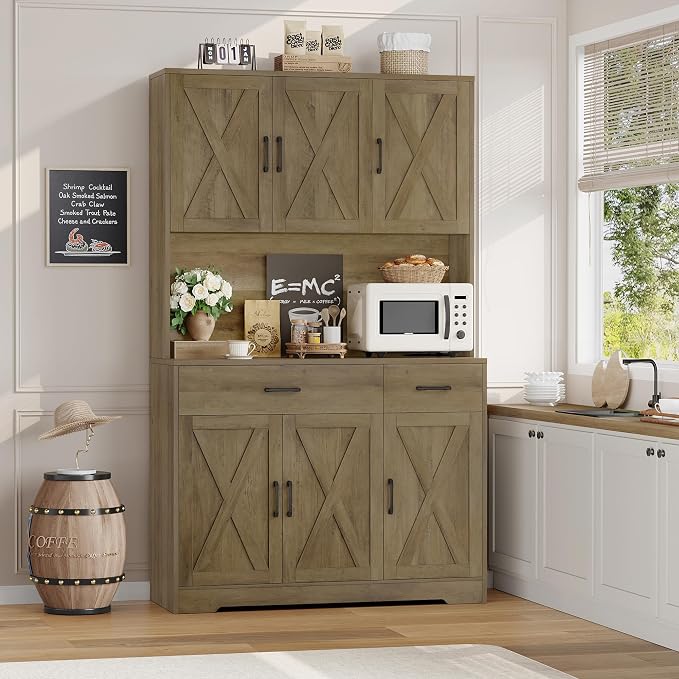HOSTACK 71" Kitchen Pantry Storage Cabinet, Farmhouse Kitchen Hutch Cabinet | with Charging Station / 2 Drawers / Countertop / Adjustable Shelves, Free Standing Food Pantry Cabinet, Dining Room, Brown