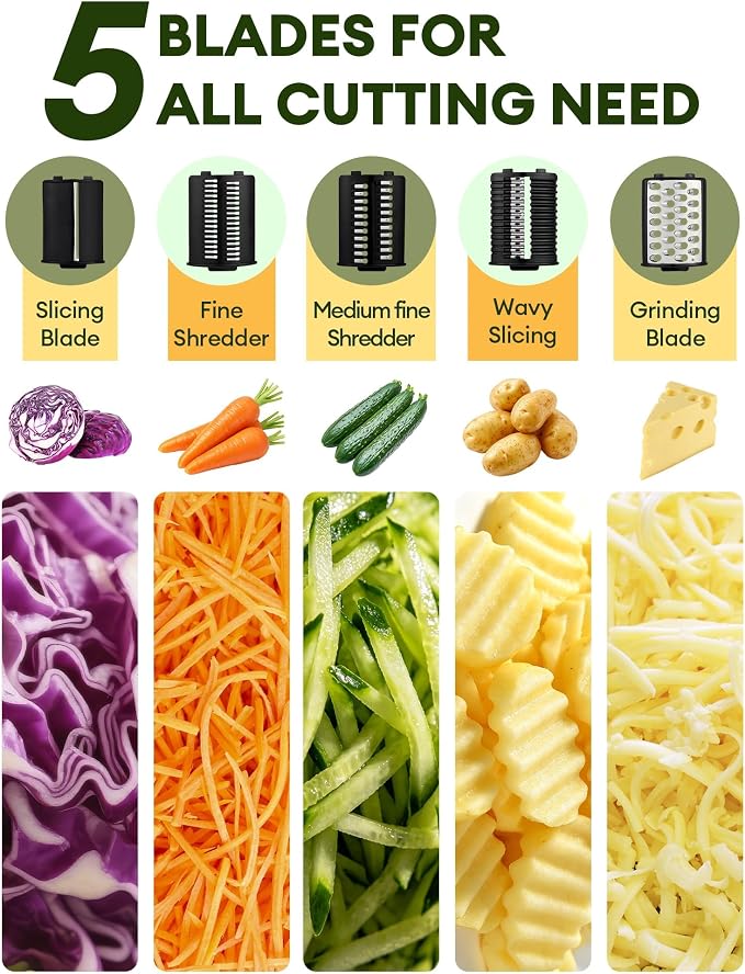 300W Electric Cheese Grater with 5 Stainless Steel Blades | Cheese shredder for Slicing, Shredding and Grinding Cheese, Vegetables, Fruits and Nuts with Easy one-touch Operation.