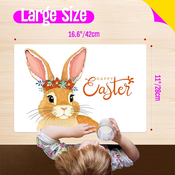 6 Pack Easter Placemats, Non-Slip Washable, Reusable Placemat - Bunnies, Flowers, Easter Eggs, Holiday Theme Placemats for Home, Office, Restaurant, Dining Table, Adults, Kids