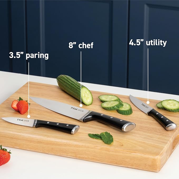 T-Fal Ice Force Kitchen Knife Set, 3-Piece, German Stainless Steel | X50CrMoV15 steel, Ice hardening up to 1800F/-250F, 26-degree cutting edge, Ergonomic finger guard handle, Hand wash only