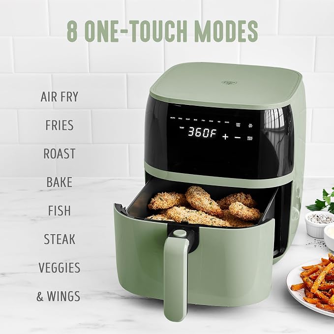 GreenLife Compact Electric Air Fryer Oven, 5.3 QT, PFAS-Free Ceramic Nonstick Drawer, 8 One Touch Digital Display, Easy View Window, Auto Shut-Off Timer, Dishwasher Safe Parts, 1500 Watts, Sage