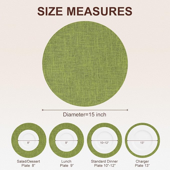 Cotton Linen 15 Inch Round Cloth Place mats, Set of 8, Grass Green | Washable Table Mats, Heat Resistant, Reversible, Wipeable Place Mats for Indoor Outdoor