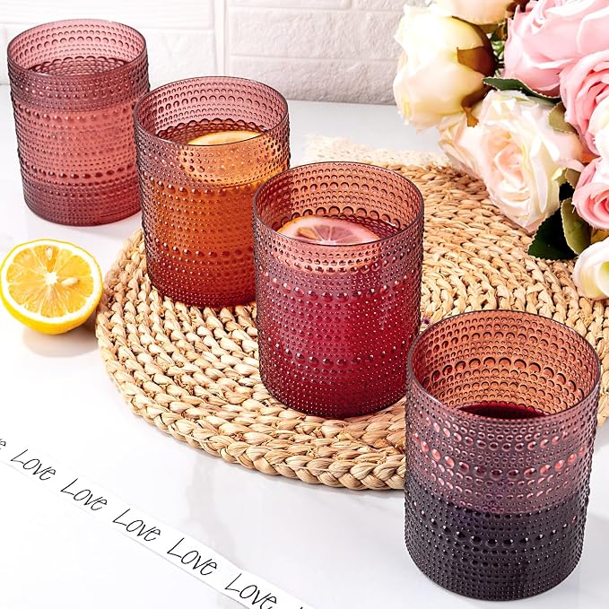 18PCS Hobnail Plastic Drinking Glasses 14 oz Burgundy Cups for Party | Vintage Glasses Mixed Drinkware Sets, Clear and Sturdy, Disposable yet Stylish, Perfect for Beer, Whiskey, Juice, Cocktails