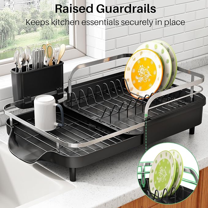 SAYZH Expandable Dish Drying Rack for Small Kitchen Counter, Black | Stainless Steel, Protective Guardrail, Angled Drainboard, Fits High-Rim Sinks, Removable Utensil Holder