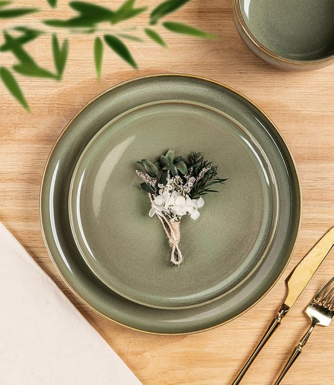 Ceramic Dinnerware Set for 4, 12-Piece Plates and Bowls Set | Handmade Reactive Glaze Dish Set, Scratch Resistant, Oven & Microwave & Dishwasher Safe, Sage Umber