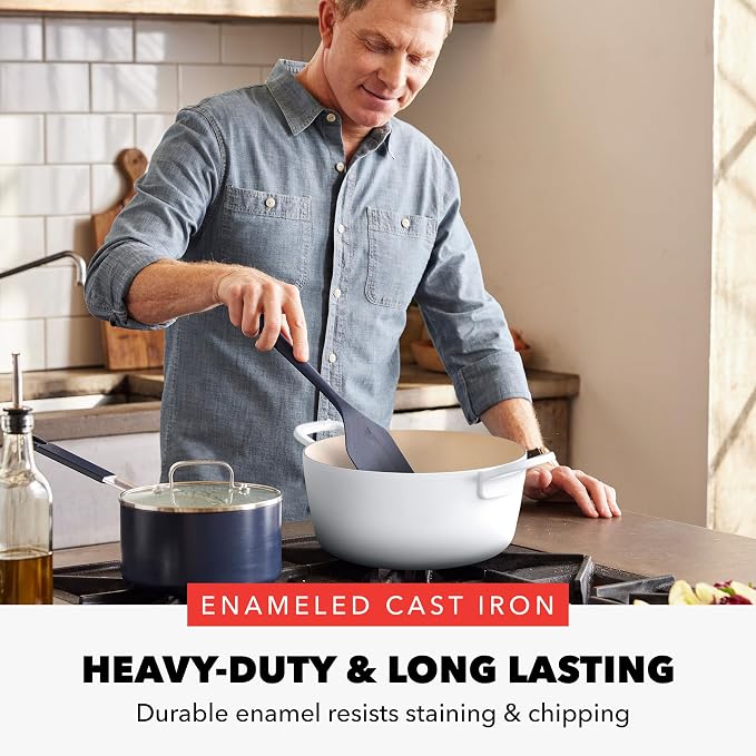 GreenPan x Bobby Flay 5.5QT Enameled Cast Iron Dutch Oven With Lid, White | Casserole Pot for Braising, Stews, Bread Baking & Searing, Self-Basting Lid, Induction Ready, Oven Safe To 500