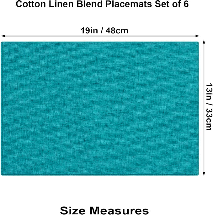 Cloth Placemats Set of 6, Cotton Linen Blend Place Mats, Teal | Machine Washable, Double Layered, Heat Resistant, Fabric Dining Table Mats for Kitchen, Indoor & Outdoor, 13" x 19"