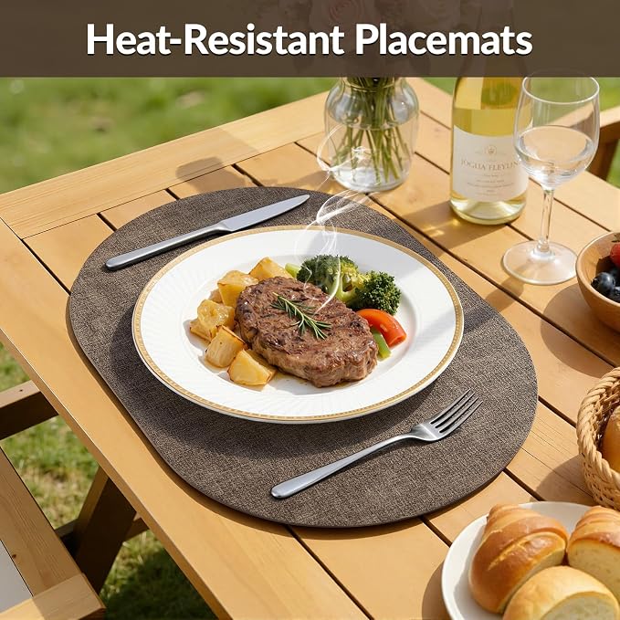 Placemats Set of 4, 11.8 x 17 Inch, Dark Brown | Heat Resistant Oval Faux Leather Place Mats, Waterproof Wipeable Reversible PU Placemat, Indoor & Outdoor