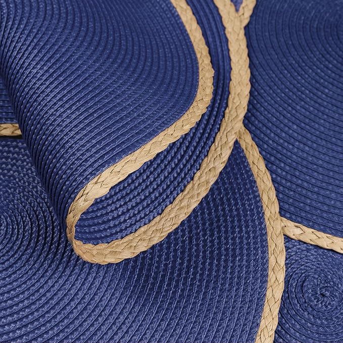 Round Placemats Set of 6, Woven Table Mats, Thin Edge, Navy Blue | Braided Paper Edge, 15 Inch Diameter, Fits Dinner Plate and Flatware, Wipeable, Heat Resistant, Indoor Dining, Outdoor Patio