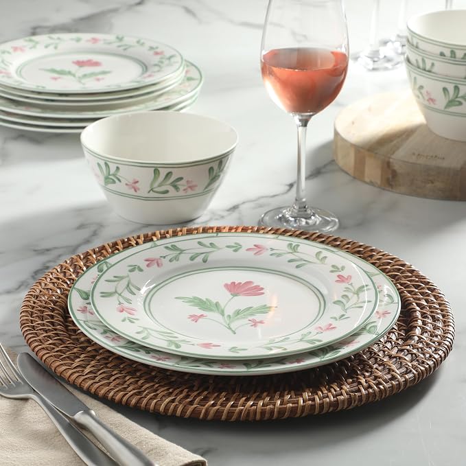Martha Stewart Maiden Crown Plates and Bowls Sets, 12-Piece New Bone China Dinnerware Sets, Botanical Floral Design Dish Set, Microwave & Dishwasher Safe