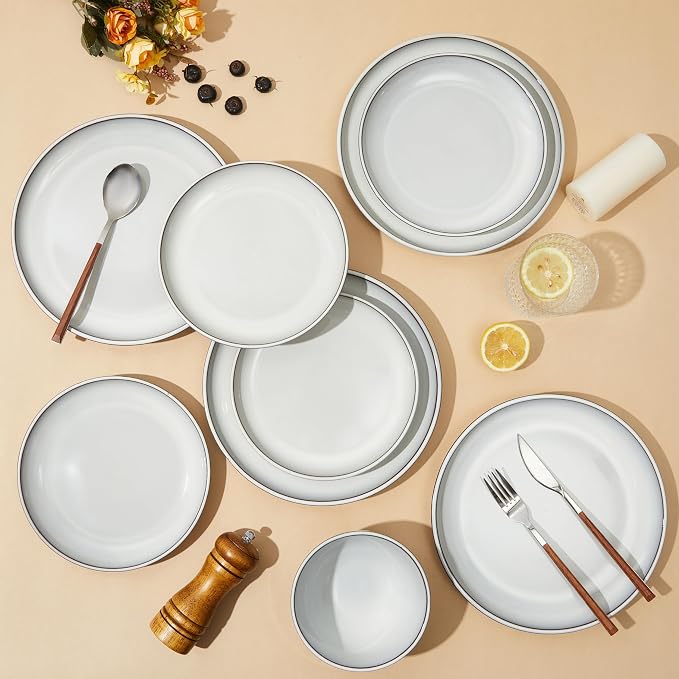 24 Piece Stoneware Dinnerware Set for 8, Moonstone White Plates and Bowls Set, Reactive Glaze Ceramic Dish Set, Durable & Chip Resistant, Modern Rustic Look, Microwave & Dishwasher Safe