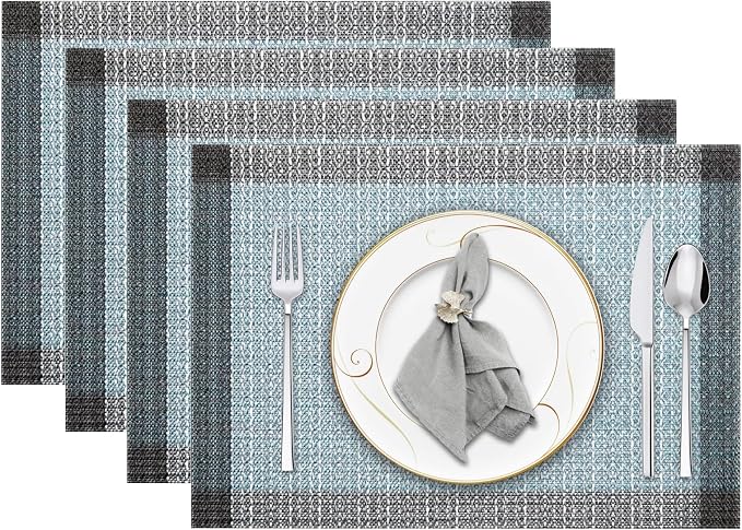 Blue Grey Ethnic Boho Placemats Set of 4, 12x18 Inch Linen Burlap Washable Durable Art Table Mats for Holiday Party Kitchen Dining Room Decoration