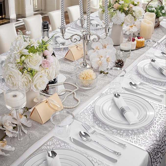 175PCS Sliver Plastic Plates - Silver Plates Disposable - White Plate with Silver Trim 25Guests Plastic Dinnerware Sets with Rolled Napkins for Wedding Baby Shower Spring Birthday