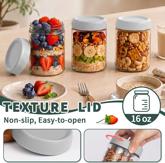 Mason Jars 16 oz with Lids, Yogurt Containers with Lids, Overnight Oats Jar | Parfait Cups with Lids for Oatmeal, Glass Jar with Lid for Storage, Food, Pudding, Sugar, Salad, Snack, Kitchen, Jam, Gray